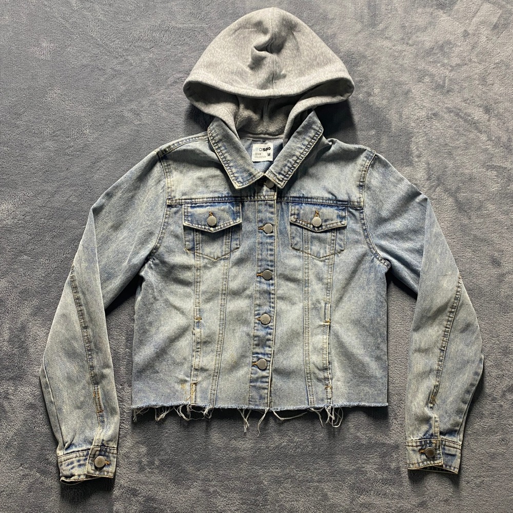 Cisono Denim Collection Hooded Jean Jacket Womens Medium Wash Cropped Raw Hem